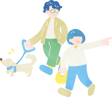 犬を散歩する家族のイラスト